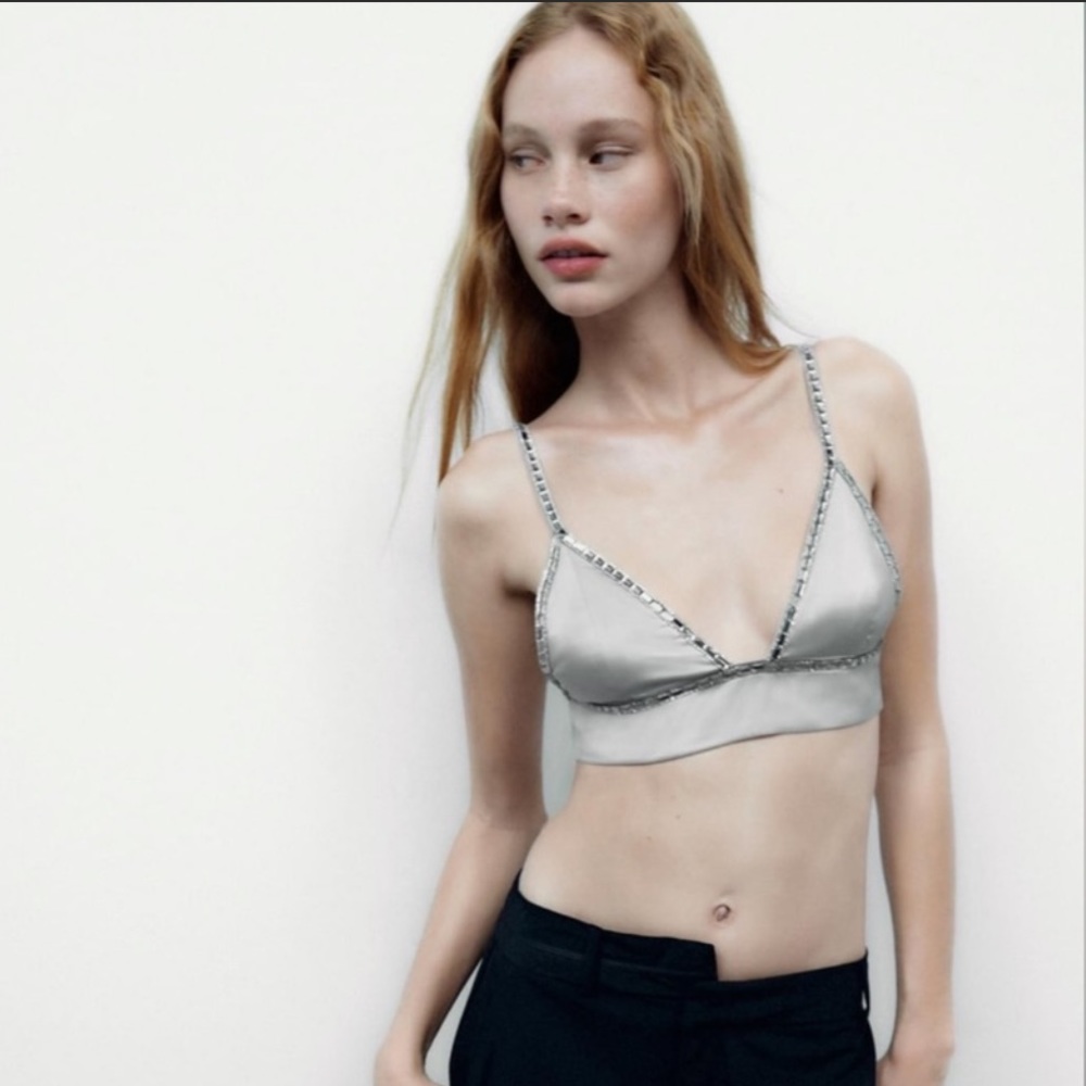 Zara Gray Satin Effect Bralette Rhinestone Crop Top